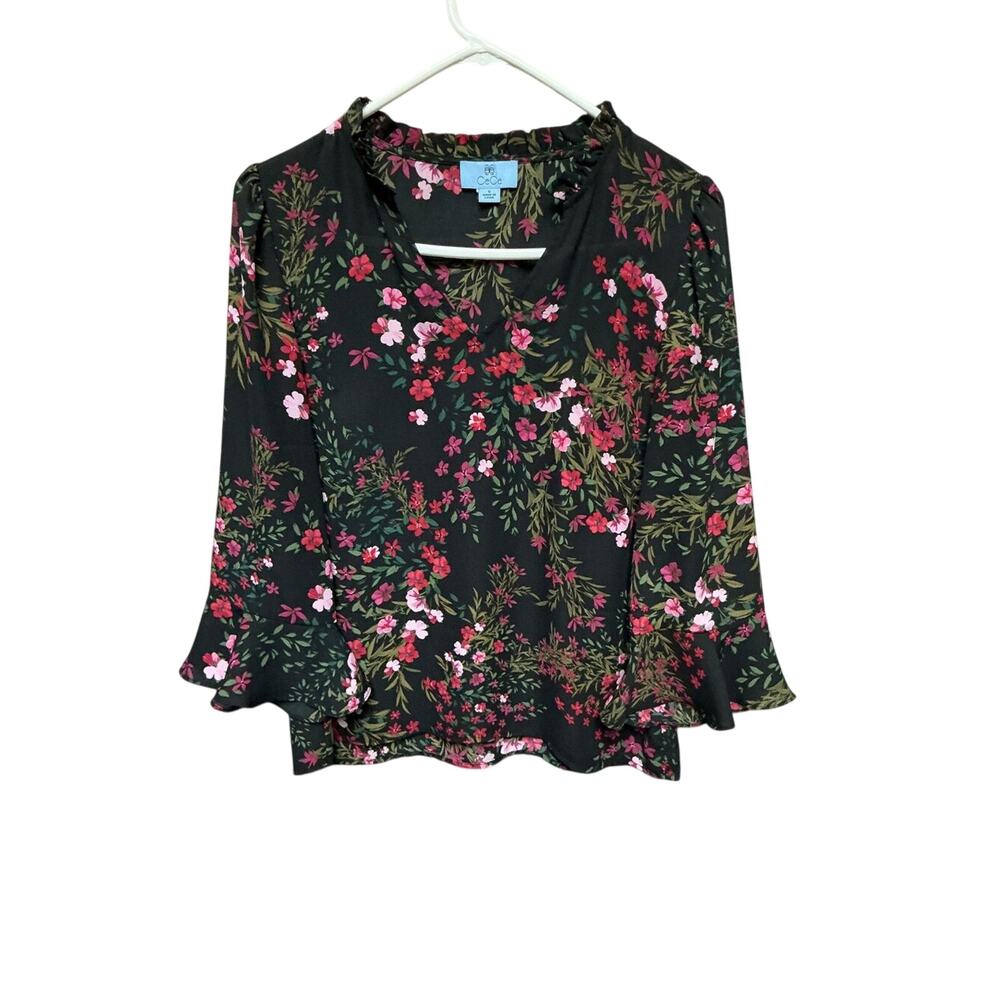 CeCe Black Floral Blouse Size S Long Sleeve Ruffle Neck Top - Picture 1 of 3